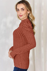 Basic Bae Full Size Ribbed Mock Neck Puff Sleeve T-Shirt - Trendsi