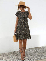 Frill Floral Round Neck Short Sleeve Tiered Dress - Trendsi - Flyclothing LLC