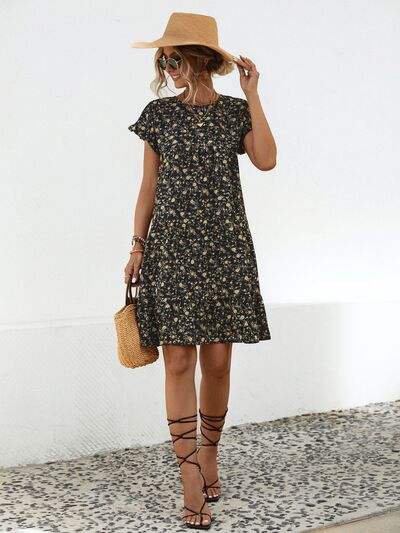 Frill Floral Round Neck Short Sleeve Tiered Dress - Trendsi - Flyclothing LLC