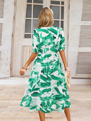 Ruched Printed Surplice Short Sleeve Dress - Trendsi