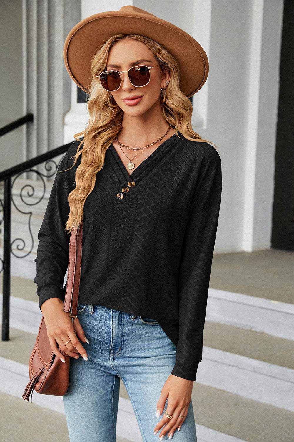 V-Neck Long Sleeve T-Shirt - Trendsi - Flyclothing LLC