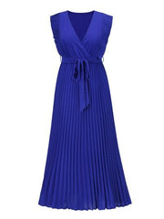 Tied Surplice Cap Sleeve Pleated Dress - Flyclothing LLC