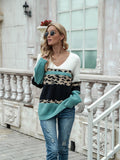 Leopard Color Block V-Neck Sweater - Trendsi