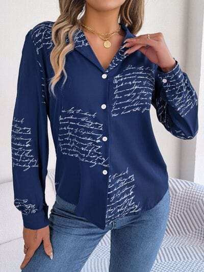 Letter Printed Button Up Long Sleeve Blouse - Trendsi - Flyclothing LLC
