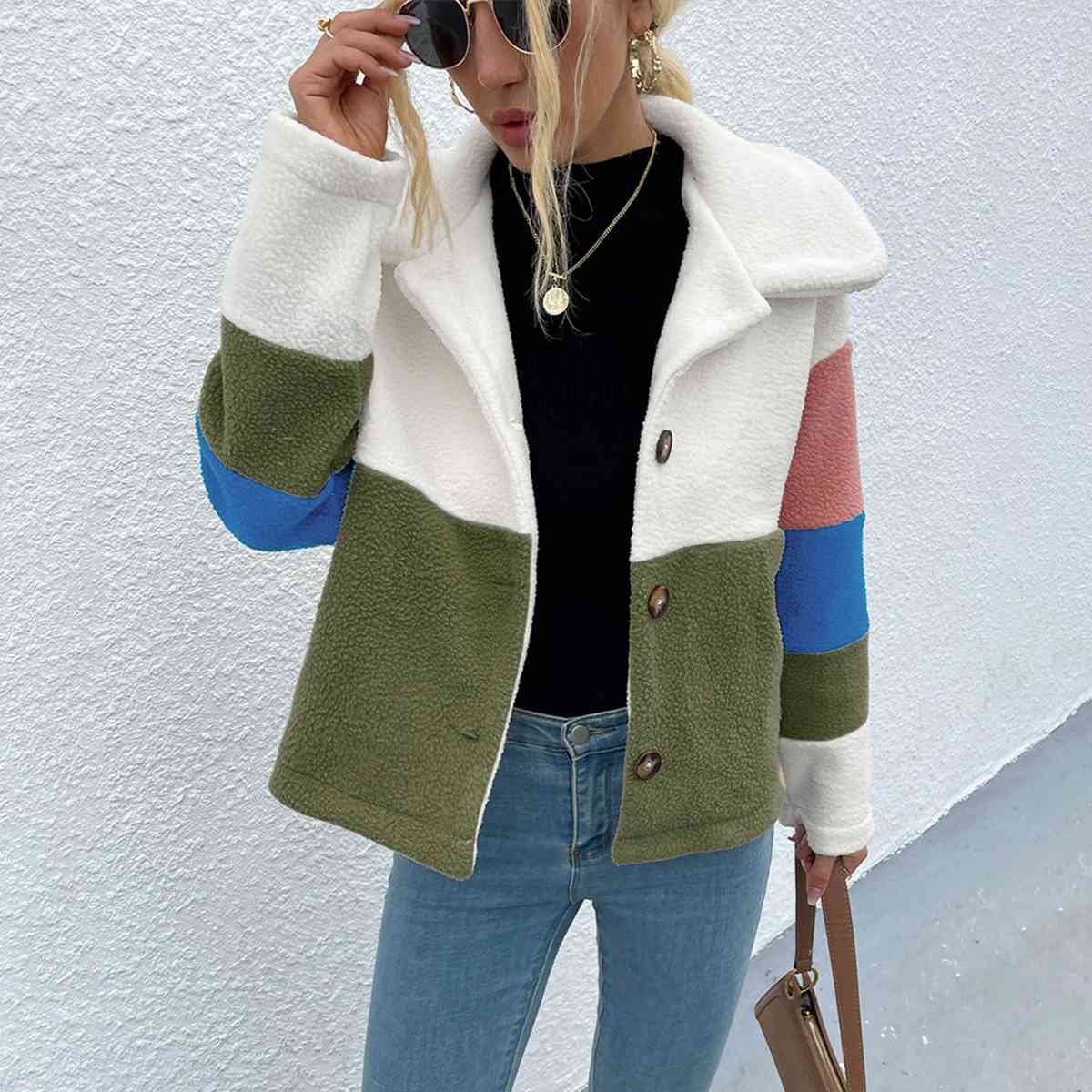 Color Block Button Down Collared Jacket - Trendsi - Flyclothing LLC