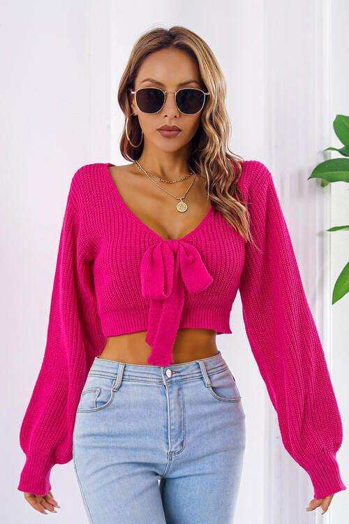 Bow V-Neck Long Sleeve Cropped Sweater - Trendsi - Flyclothing LLC