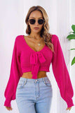 Bow V-Neck Long Sleeve Cropped Sweater - Trendsi - Flyclothing LLC