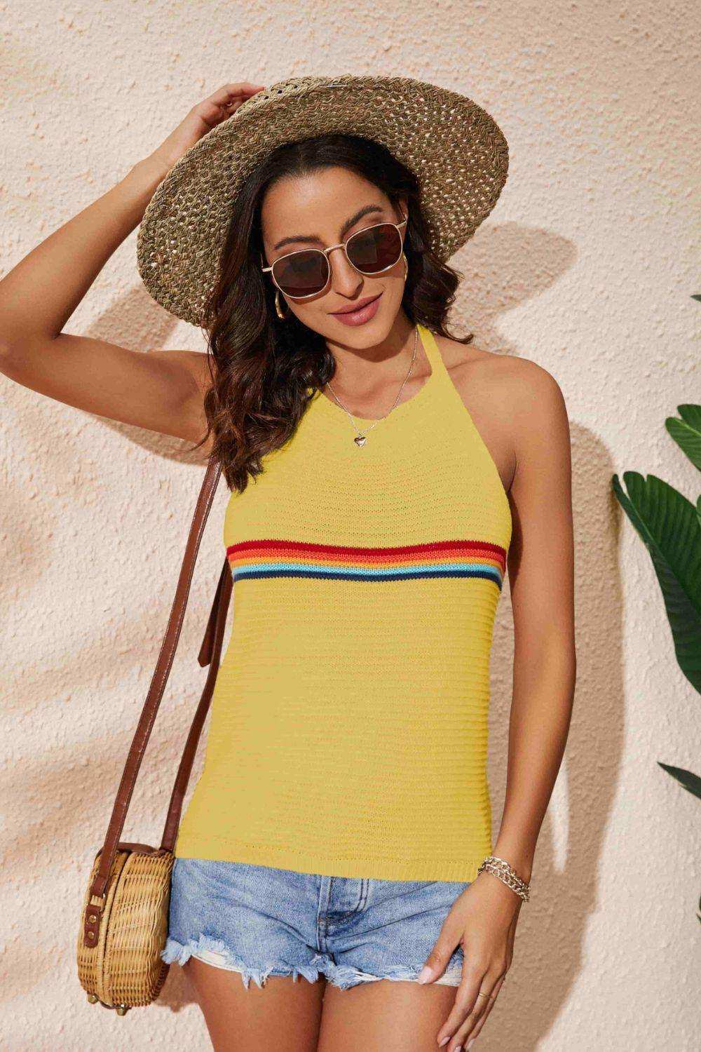 Rainbow Stripe Halter Neck Knit Tank - Trendsi - Flyclothing LLC