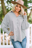 Striped Lantern Sleeve Collared Shirt - Trendsi - Flyclothing LLC