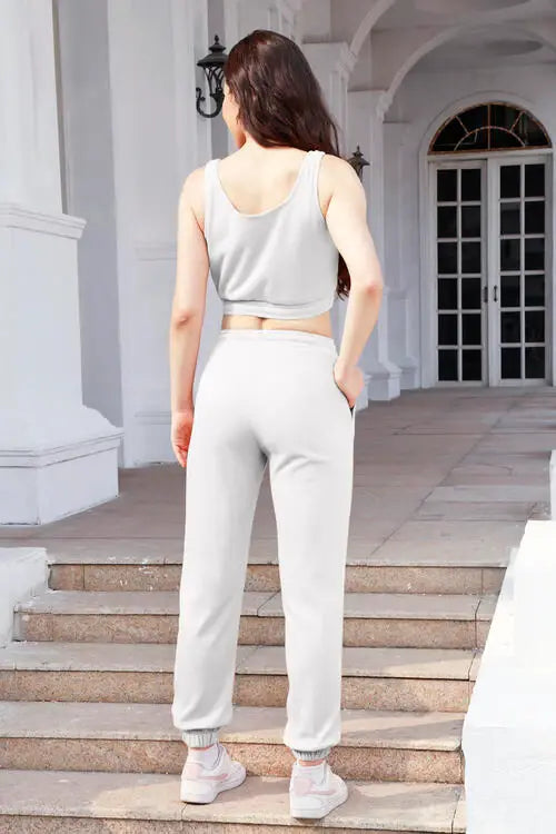 Waffle-Knit Cropped Tank and Drawstring Pants Set - Trendsi - Flyclothing LLC