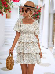 Floral Smocked Puff Sleeve Square Neck Layered Dress - Flyclothing LLC