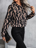 Printed Notched Long Sleeve Blouse - Trendsi