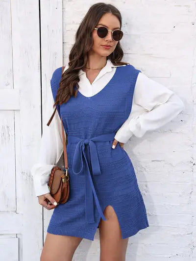 Tie Front V-Neck Sleeveless Slit Sweater Dress - Trendsi - Flyclothing LLC