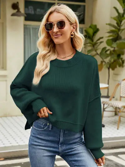 Round Neck Lantern Sleeve Sweater - Trendsi - Flyclothing LLC