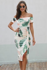 Printed Off-Shoulder Split Dress - Trendsi