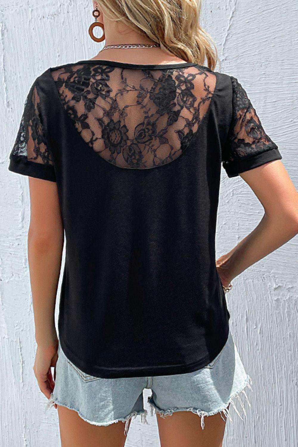 Spliced Lace Round Neck Short Sleeve Top - Trendsi - Flyclothing LLC