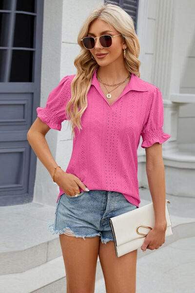 Eyelet Johnny Collar Short Sleeve Blouse - Trendsi - Flyclothing LLC