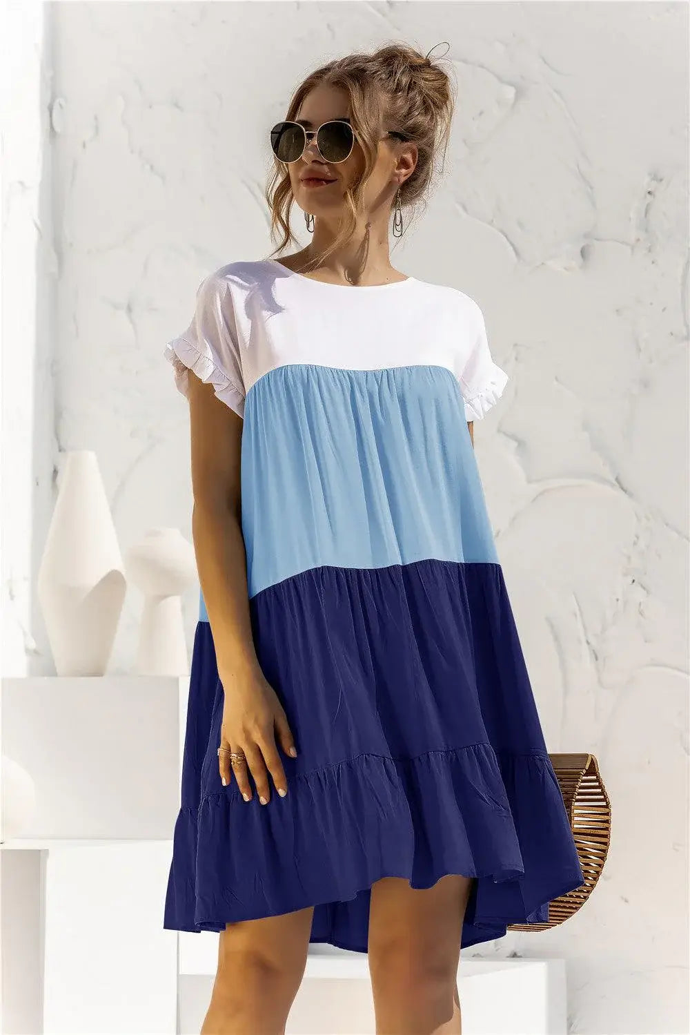 Color Block Round Neck Ruffle Hem Dress - Trendsi - Flyclothing LLC