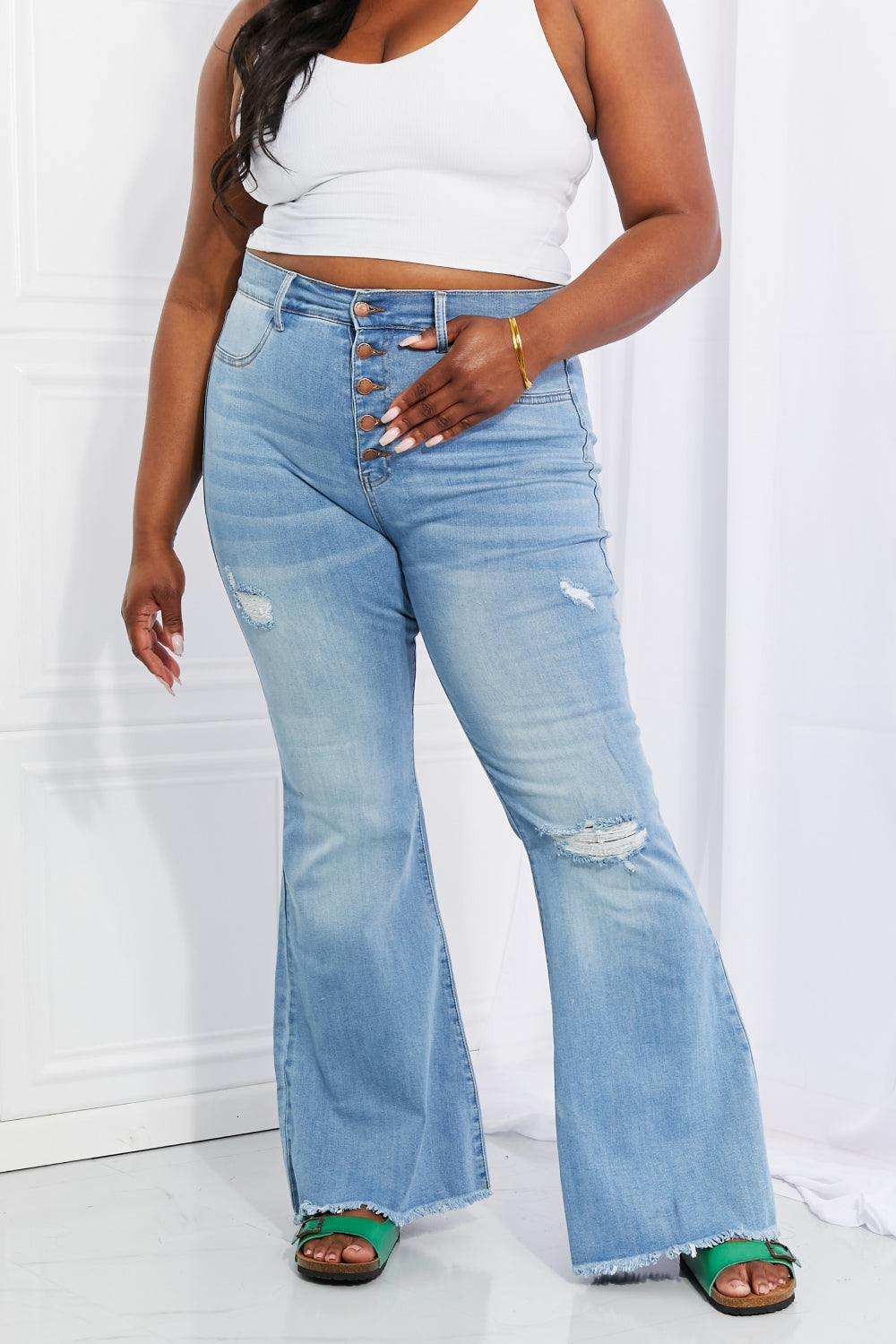 Vibrant MIU Full Size Jess Button Flare Jeans - Trendsi - Flyclothing LLC