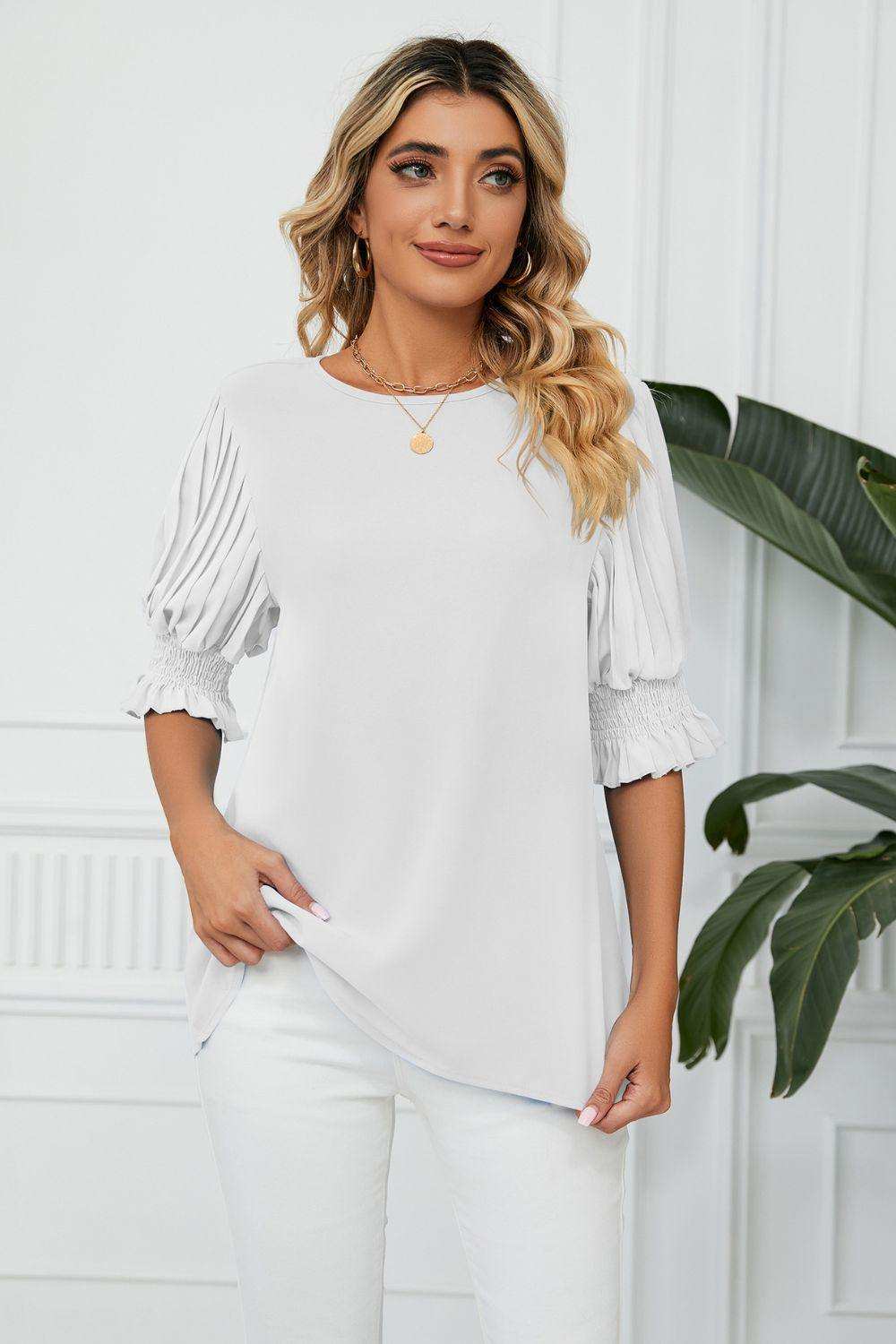 Pleated Flounce Sleeve Keyhole Blouse - Trendsi - Flyclothing LLC