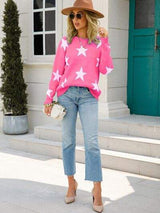 Star Round Neck Dropped Shoulder Sweater - Trendsi - Flyclothing LLC