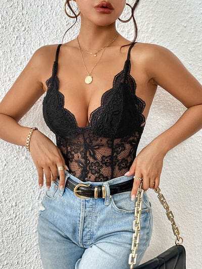 Lace V-Neck Spaghetti Strap Bodysuit - Trendsi - Flyclothing LLC
