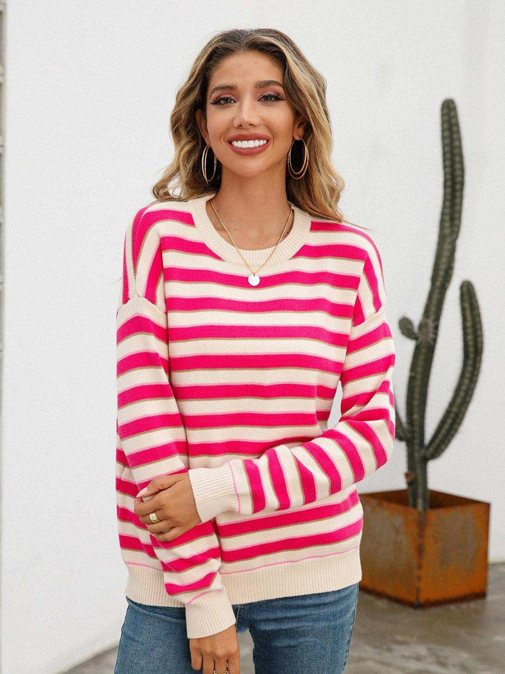 Striped Drop Shoulder Knit Top - Trendsi - Flyclothing LLC