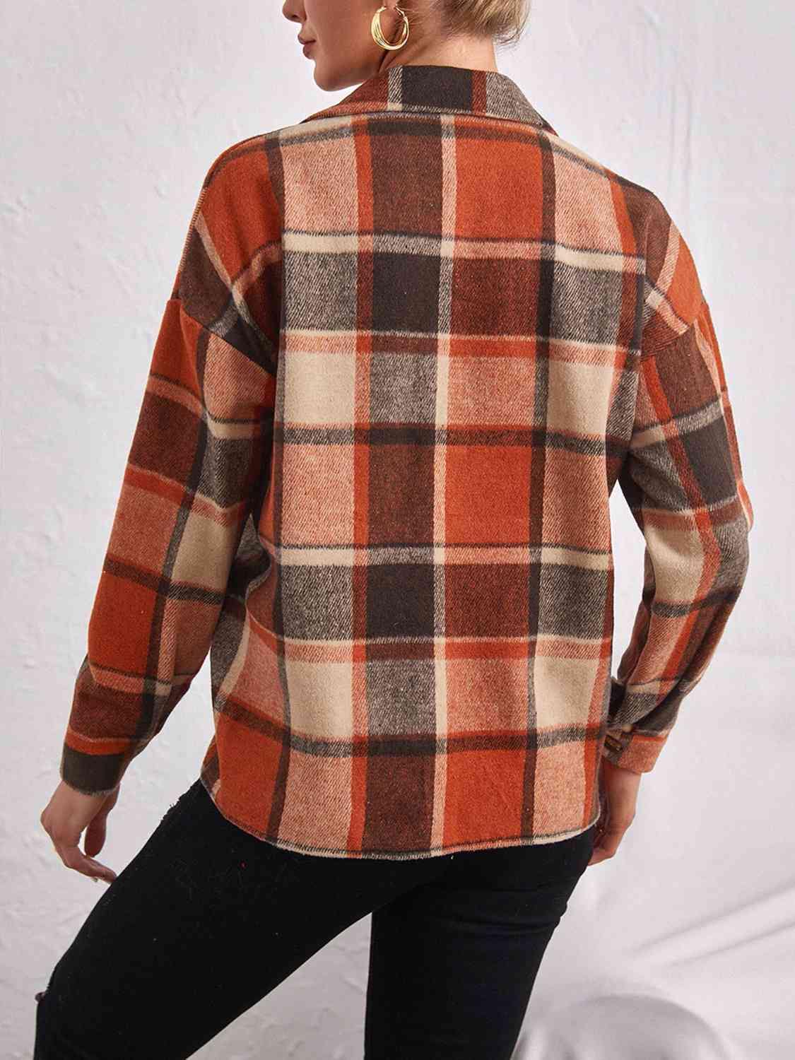 Plaid Collared Neck Button Down Jacket - Trendsi