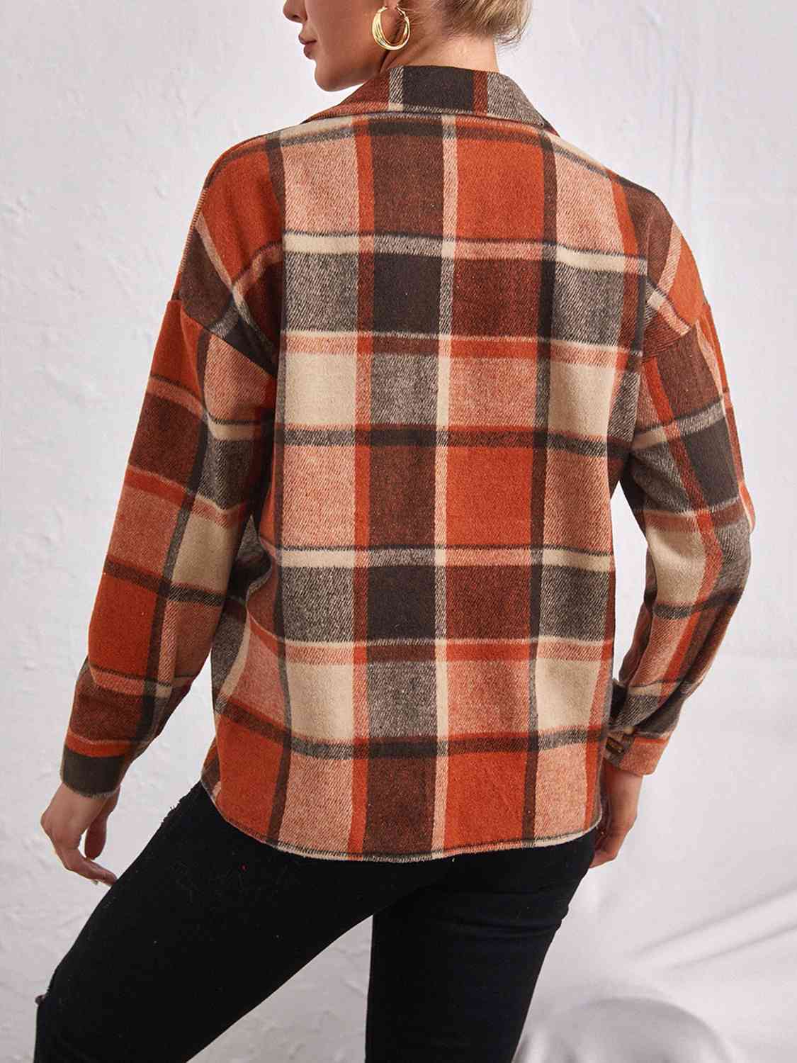 Plaid Collared Neck Button Down Jacket - Trendsi - Flyclothing LLC