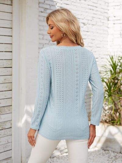 Decorative Button Openwork V-Neck T-Shirt - Trendsi - Flyclothing LLC