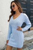 Cable-Knit V-Neck Long Sleeve Mini Sweater Dress - Trendsi - Flyclothing LLC