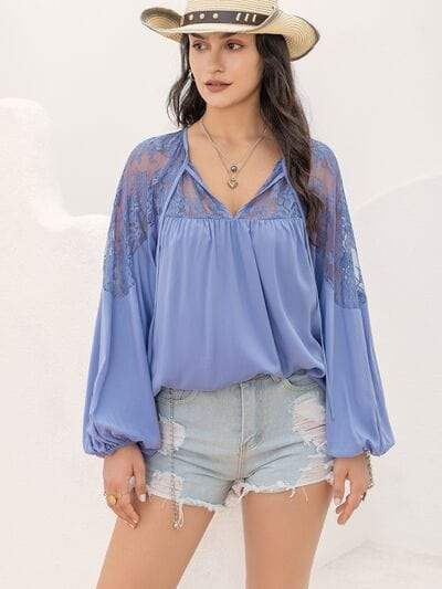 Lace Detail Tie Neck Balloon Sleeve Blouse - Trendsi - Flyclothing LLC
