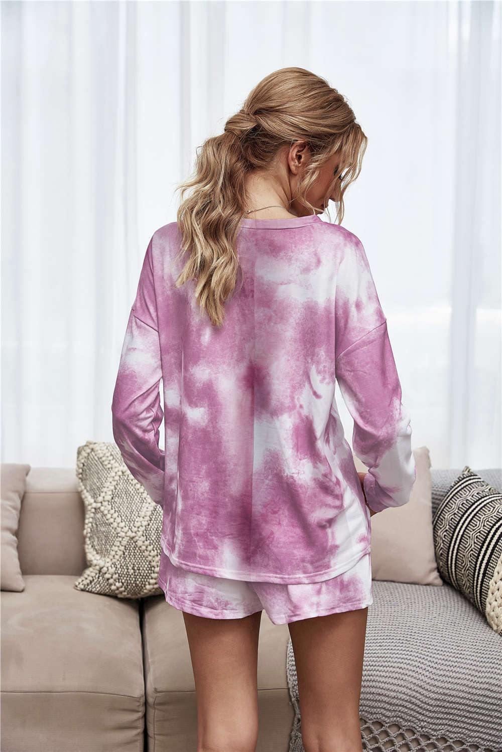 Tie-Dye Dropped Shoulder Top and Shorts Lounge Set - Flyclothing LLC