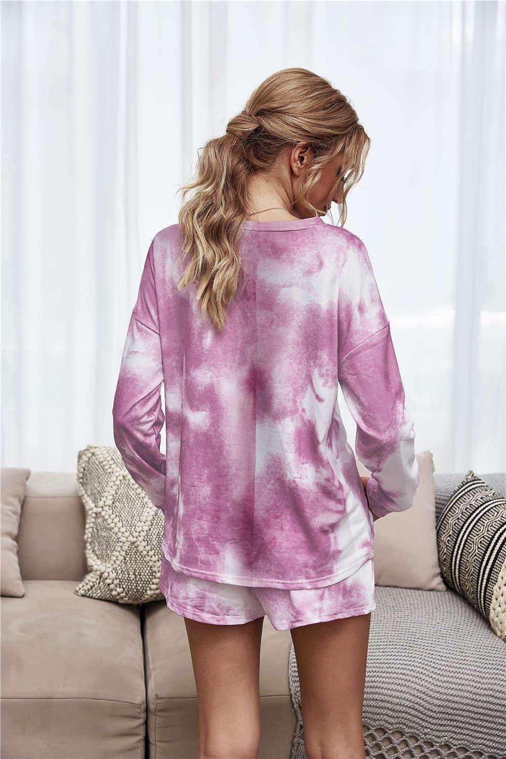 Tie-Dye Dropped Shoulder Top and Shorts Lounge Set - Trendsi - Flyclothing LLC