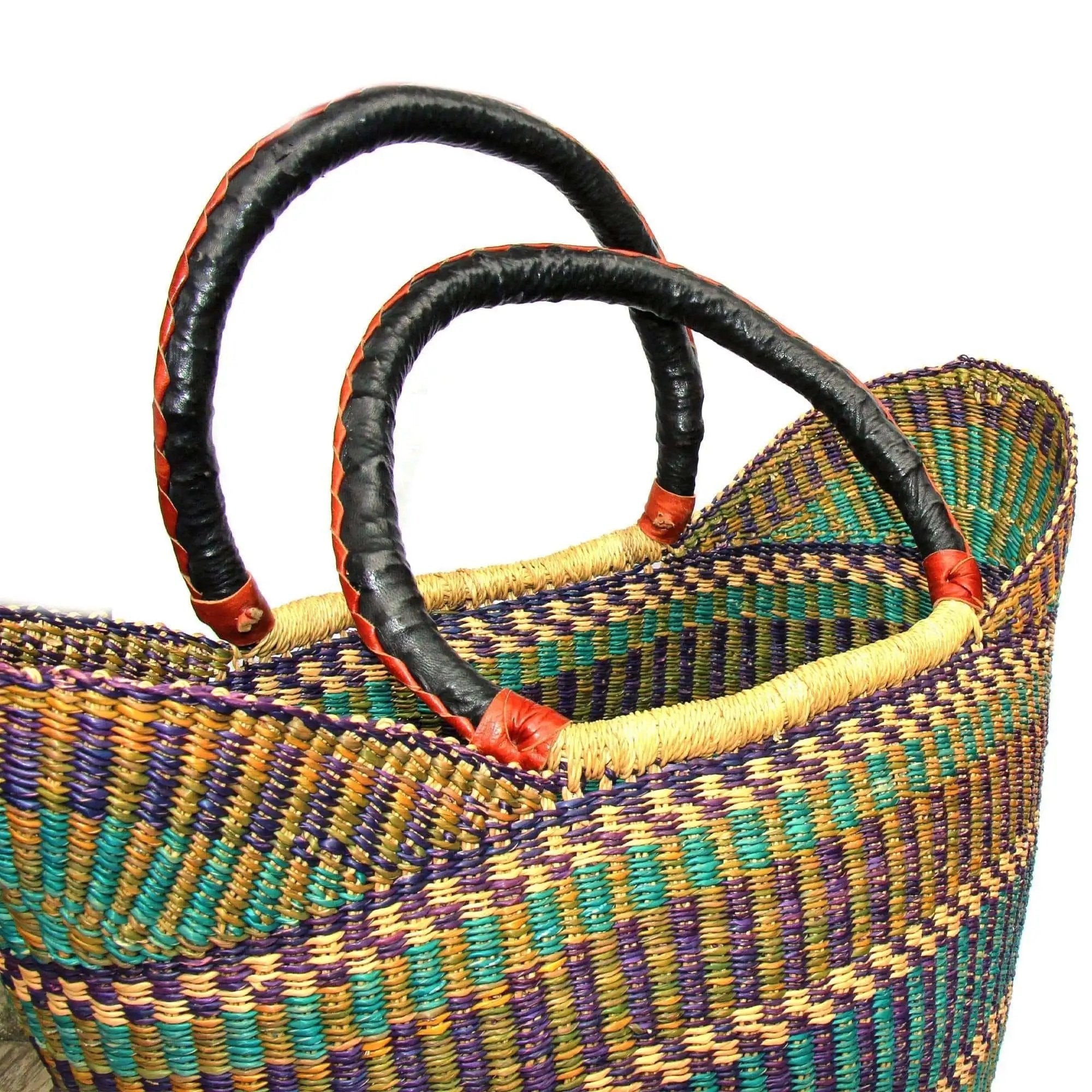 Bolga Tote, Mixed Colors with Leather Handle - 18-inch - Gitzell