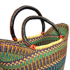 Bolga Tote, Mixed Colors with Leather Handle - 18-inch - Gitzell