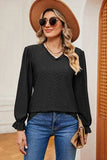 Eyelet V-Neck Flounce Sleeve T-Shirt - Trendsi - Flyclothing LLC