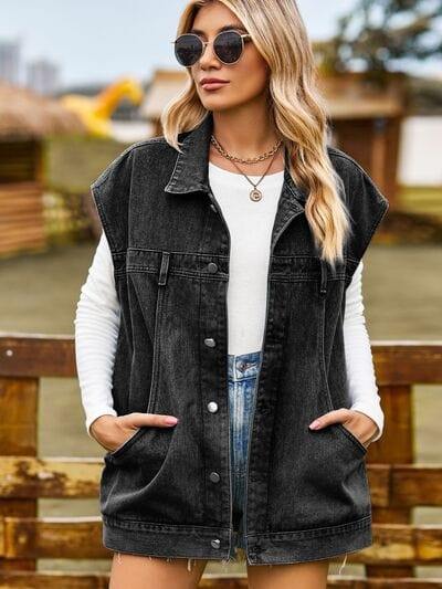 Button Up Collared Neck Sleeveless Denim Jacket - Trendsi