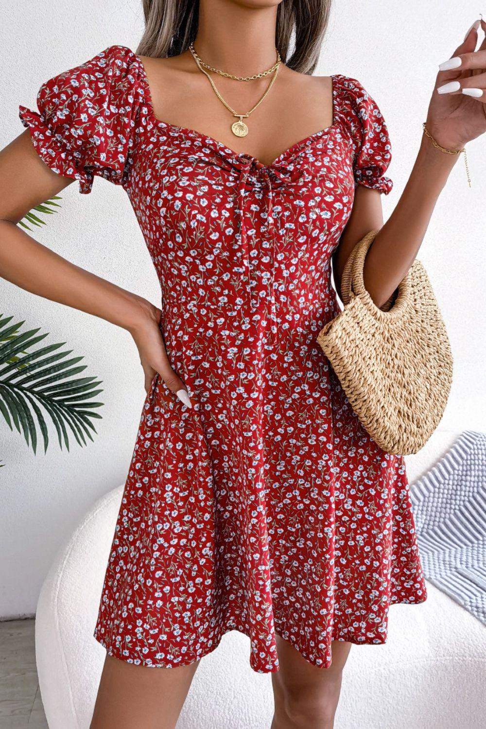 Ditsy Floral Drawstring A-Line Dress - Trendsi - Flyclothing LLC