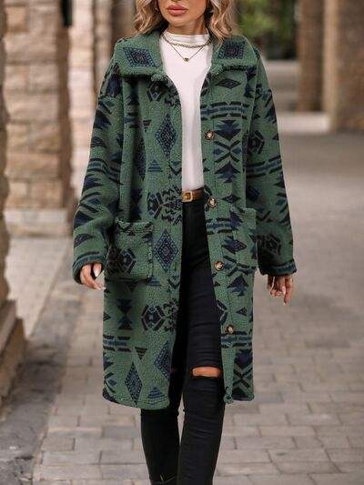 Geometric Pocketed Dropped Shoulder Coat - Trendsi - Flyclothing LLC