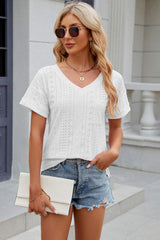 Eyelet V-Neck Short Sleeve T-Shirt - Trendsi - Flyclothing LLC