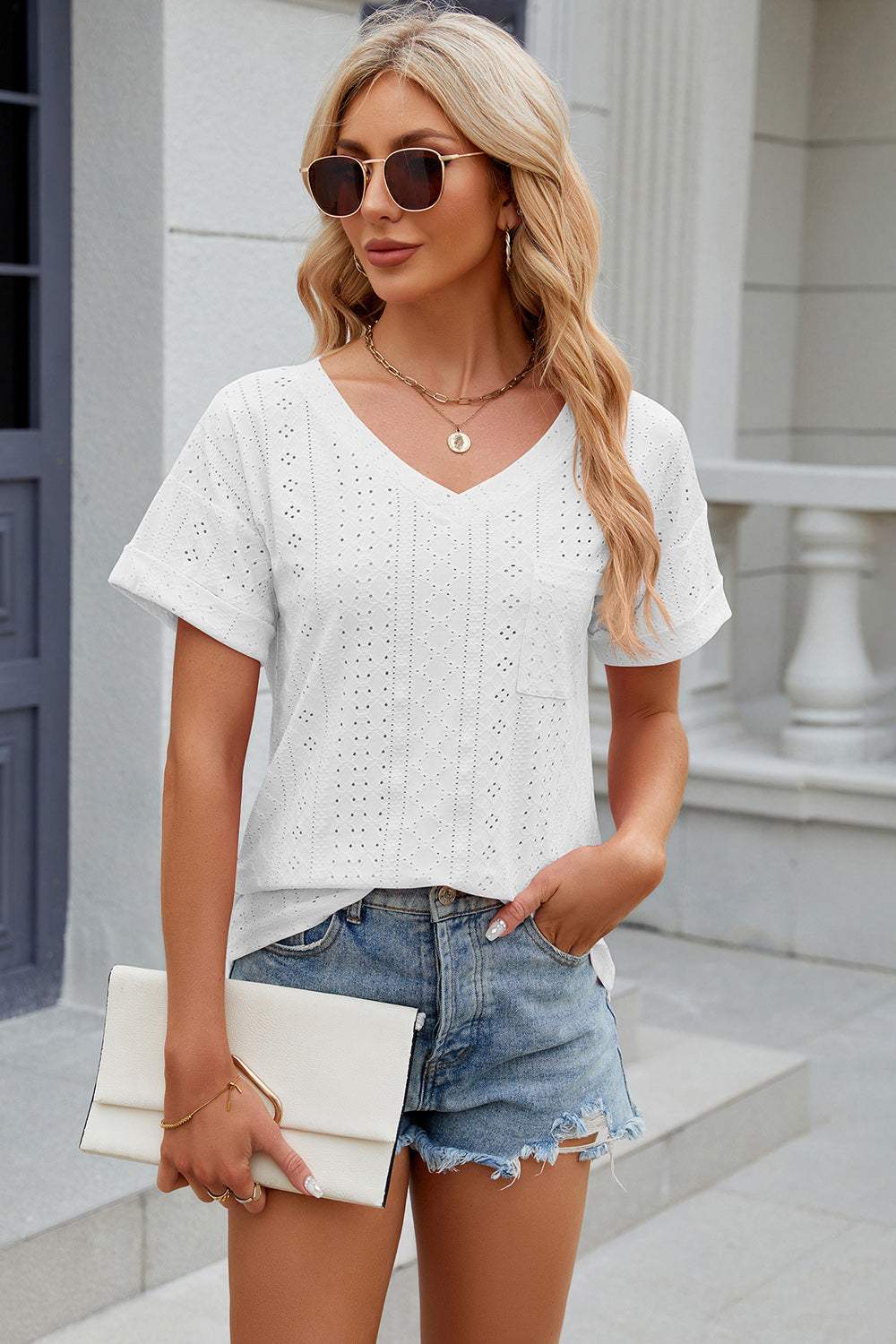 Eyelet V-Neck Short Sleeve T-Shirt - Trendsi - Flyclothing LLC