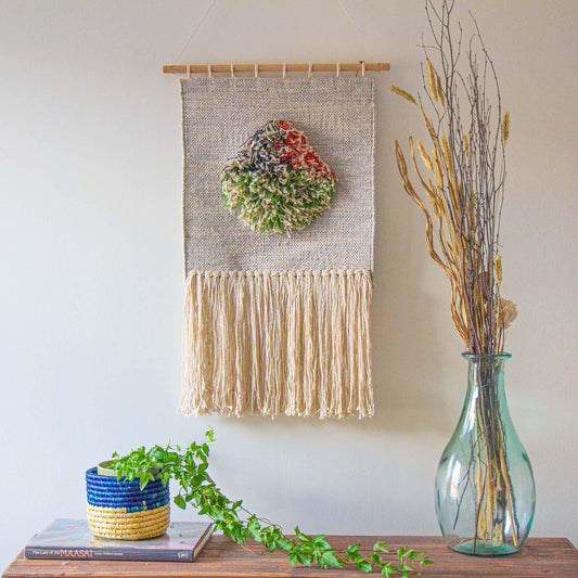 Handwoven Boho Wall Hanging, Neutral with Pop of Color - Asha Handicrafts