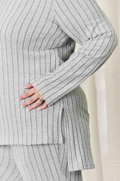 Basic Bae Full Size Ribbed High-Low Top and Wide Leg Pants Set - Trendsi