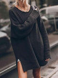 Openwork Round Neck Long Sleeve Slit Sweater - Trendsi