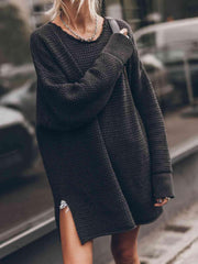 Openwork Round Neck Long Sleeve Slit Sweater - Trendsi