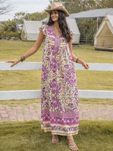 Ruffled Printed Tie Neck Cap Sleeve Dress - Trendsi - Flyclothing LLC