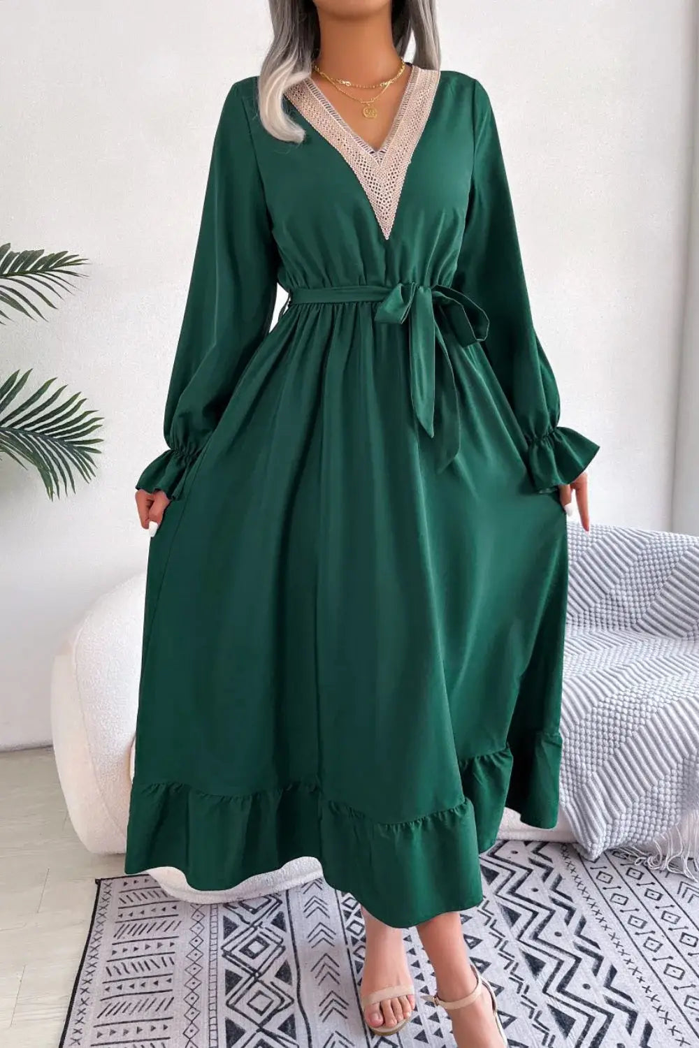 Contrast Belted Flounce Sleeve Dress - Trendsi - Flyclothing LLC