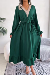 Contrast Belted Flounce Sleeve Dress - Trendsi - Flyclothing LLC