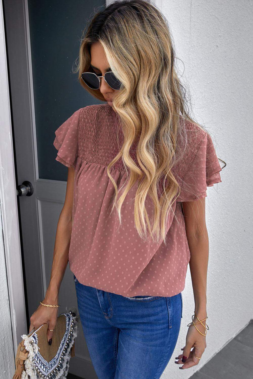 Polka Dot Smocked Flutter Sleeve Blouse - Trendsi - Flyclothing LLC